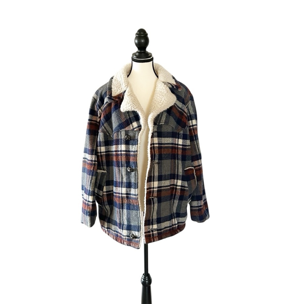 Vintage Blue and Grey Plaid Shirt Jacket Wool-blend Fall Winter Unisex
